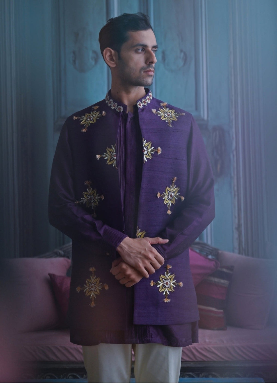 Plum Purple Embroidered Half Jacket Juhi Bengani - Men - Fabilicious Fashion