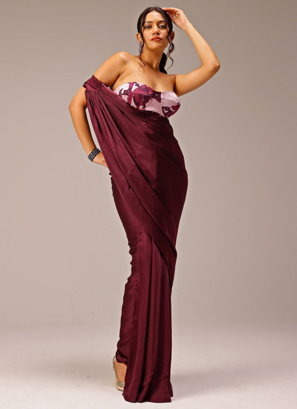 Studio Surbhi Plum Purple Georgette Satin Saree GownFabilicious Fashion