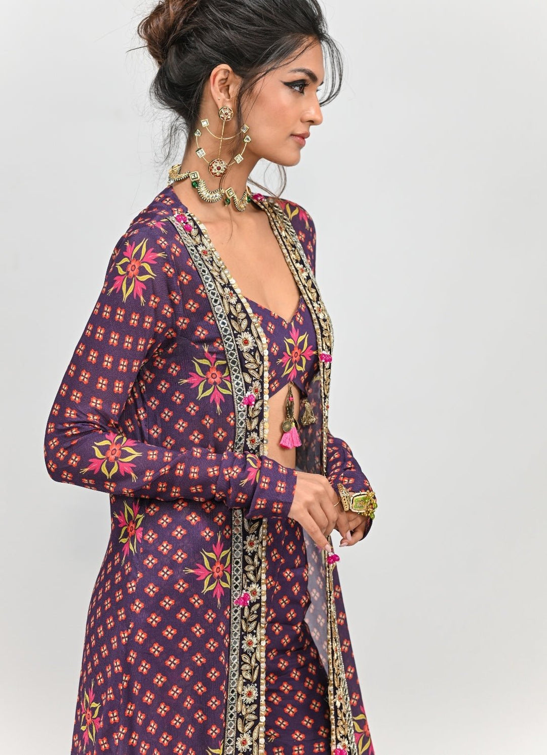 Plum Purple Printed Blouse Sharara Set With Long Jacket Juhi Bengani - Fabilicious Fashion