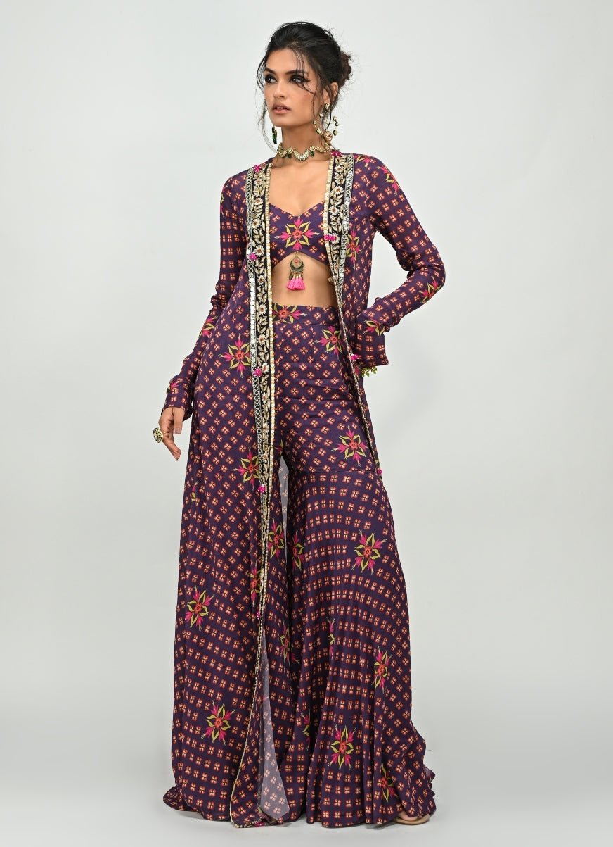 Plum Purple Printed Blouse Sharara Set With Long Jacket Juhi Bengani - Fabilicious Fashion