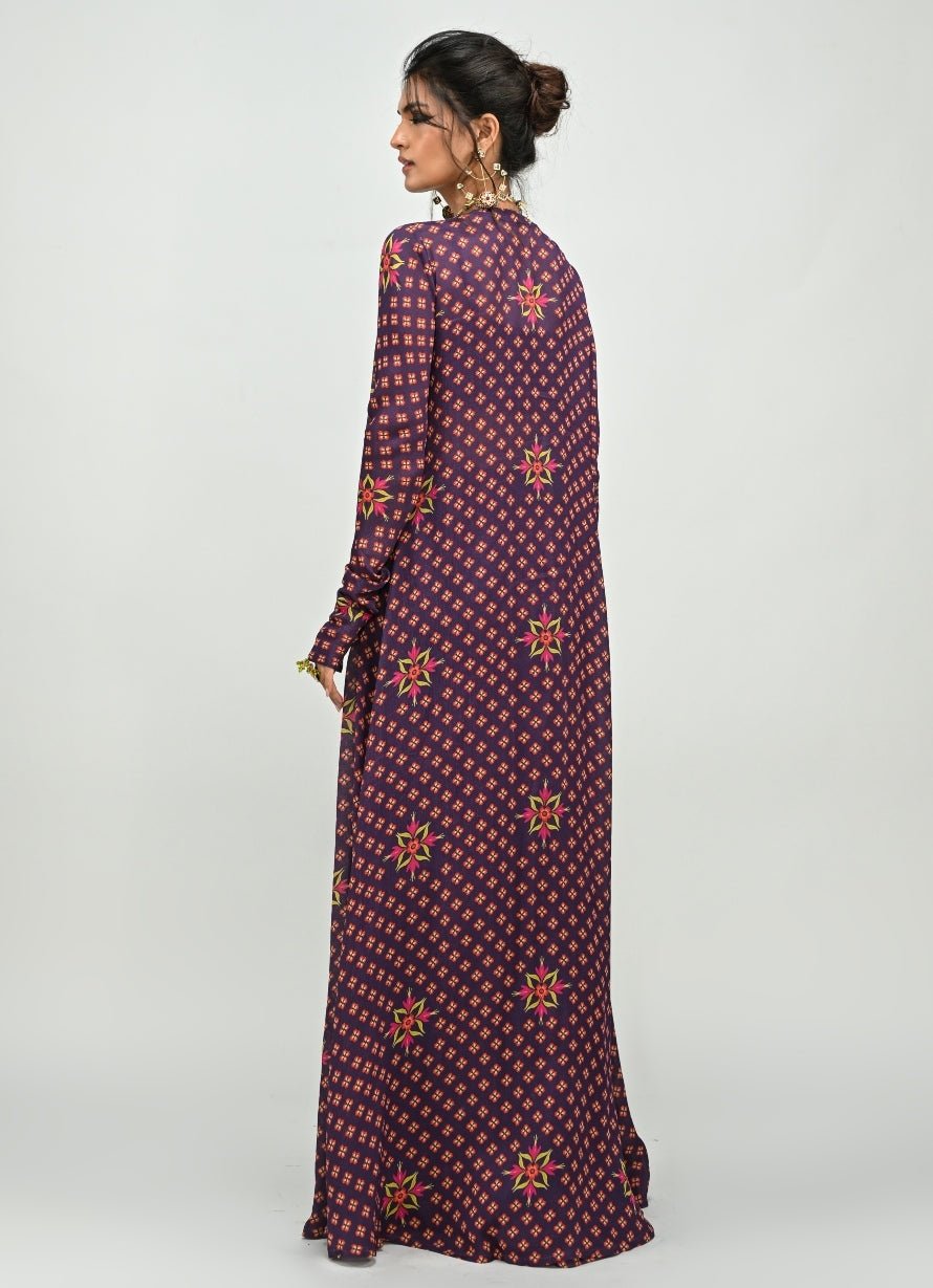 Plum Purple Printed Blouse Sharara Set With Long Jacket Juhi Bengani - Fabilicious Fashion
