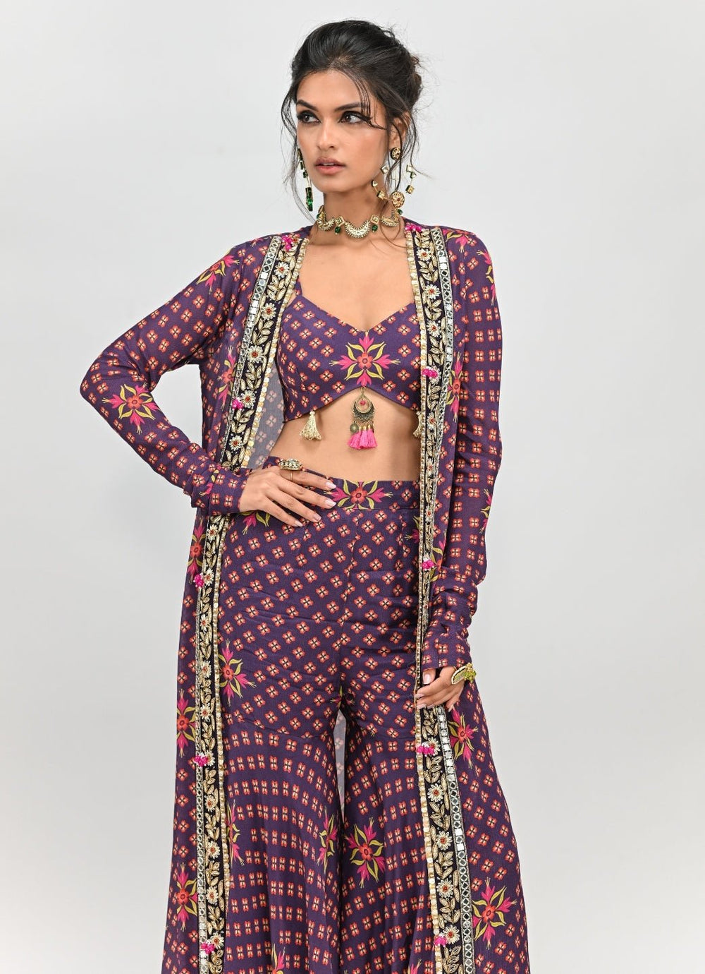 Plum Purple Printed Blouse Sharara Set With Long Jacket Juhi Bengani - Fabilicious Fashion