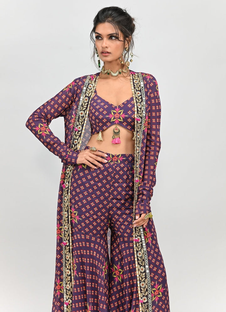 Plum Purple Printed Blouse Sharara Set With Long Jacket Juhi Bengani - Fabilicious Fashion