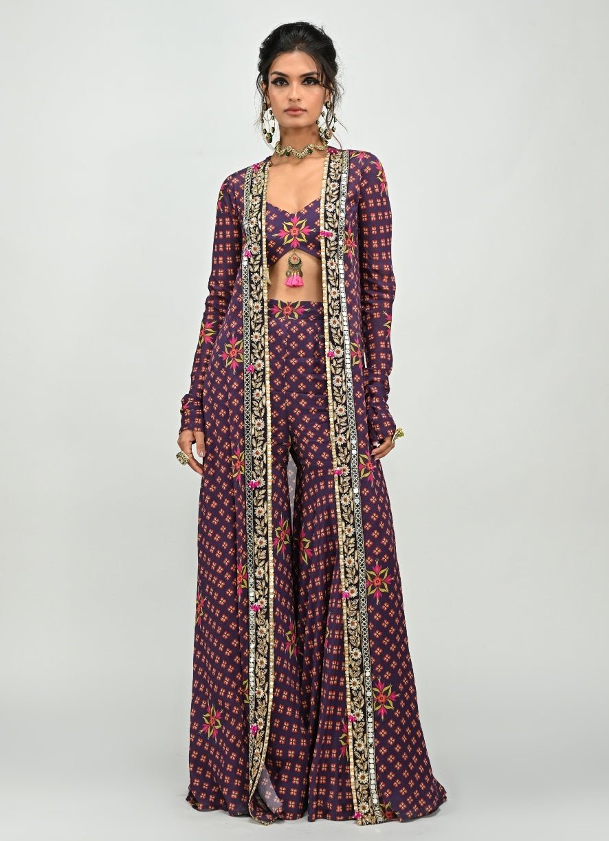 Plum Purple Printed Blouse Sharara Set With Long Jacket Juhi Bengani - Fabilicious Fashion