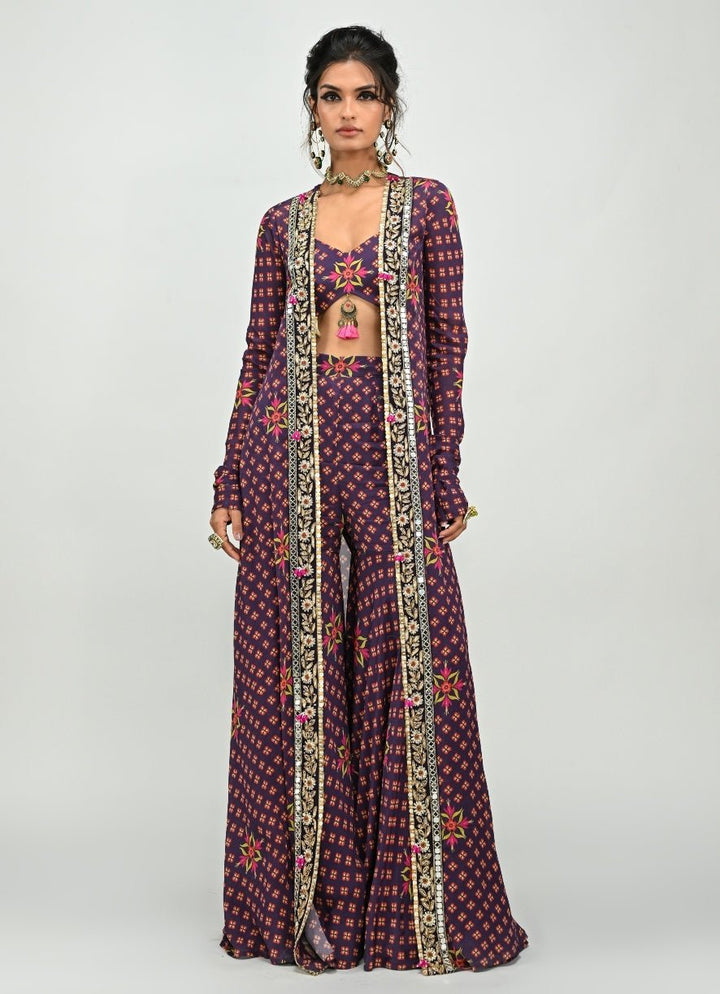 Plum Purple Printed Blouse Sharara Set With Long Jacket Juhi Bengani - Fabilicious Fashion