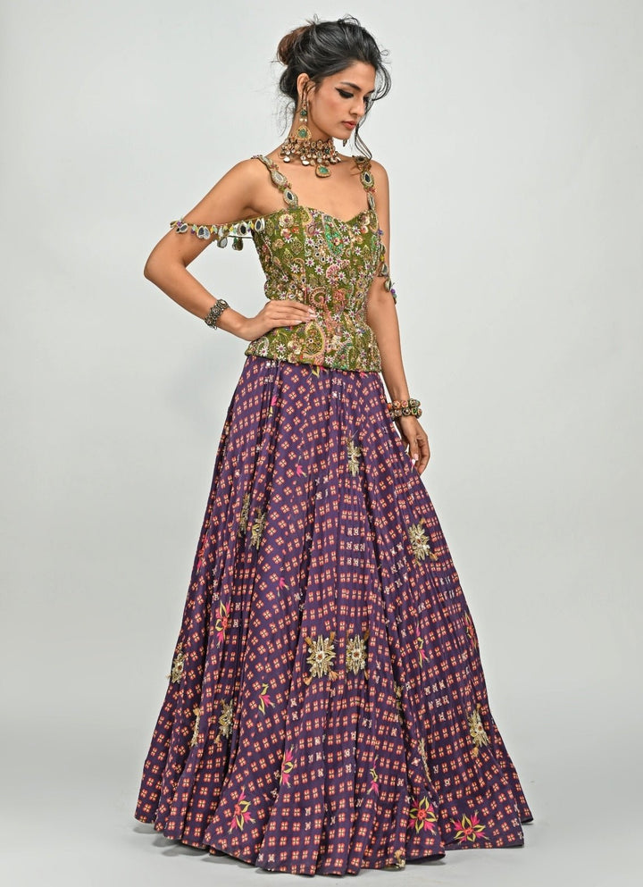 Plum Purple Printed Corset Lehenga Set Juhi Bengani - Fabilicious Fashion