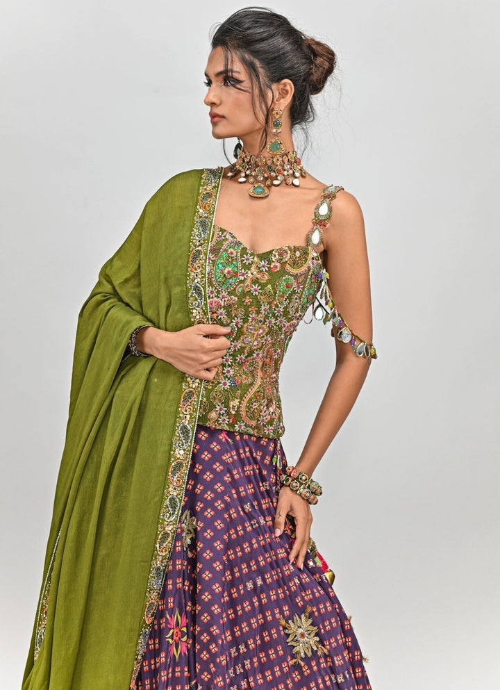 Plum Purple Printed Corset Lehenga Set Juhi Bengani - Fabilicious Fashion