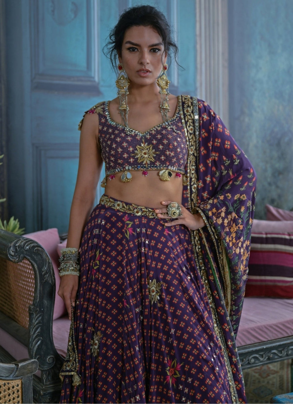 Plum Purple Printed Crepe Embroidered Lehenga Set Juhi Bengani - Fabilicious Fashion