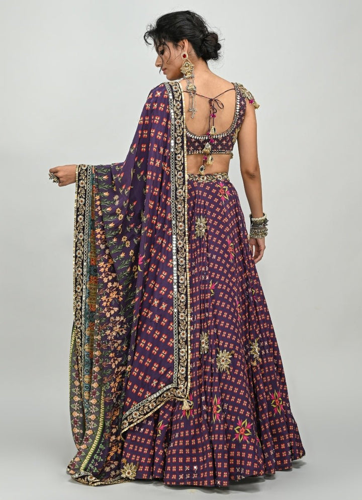 Plum Purple Printed Crepe Embroidered Lehenga Set Juhi Bengani - Fabilicious Fashion