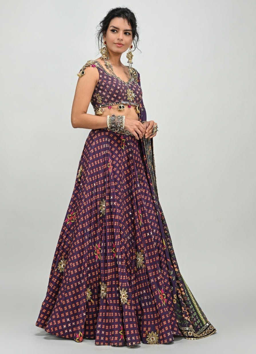 Plum Purple Printed Crepe Embroidered Lehenga Set Juhi Bengani - Fabilicious Fashion