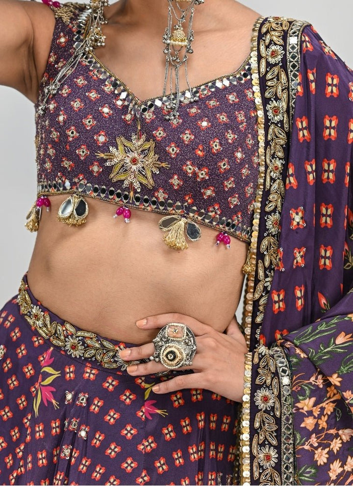Plum Purple Printed Crepe Embroidered Lehenga Set Juhi Bengani - Fabilicious Fashion