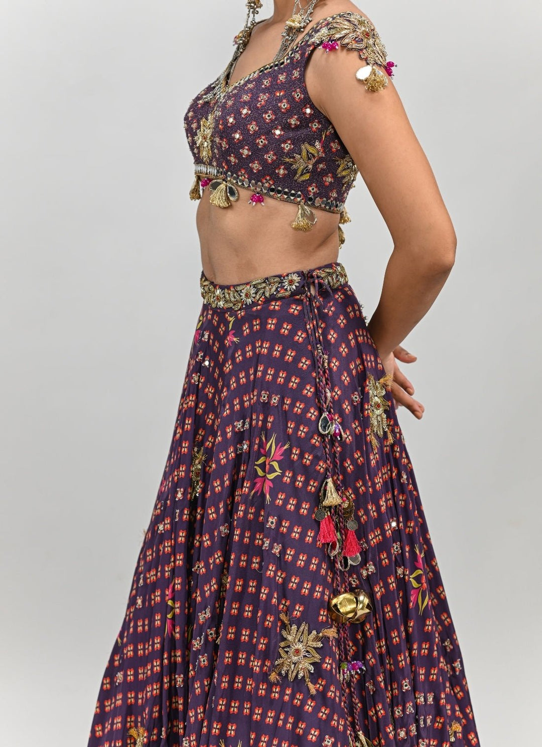 Plum Purple Printed Crepe Embroidered Lehenga Set Juhi Bengani - Fabilicious Fashion