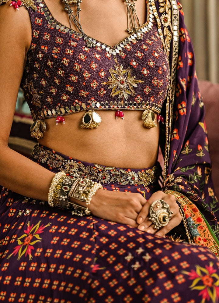 Plum Purple Printed Crepe Embroidered Lehenga Set Juhi Bengani - Fabilicious Fashion
