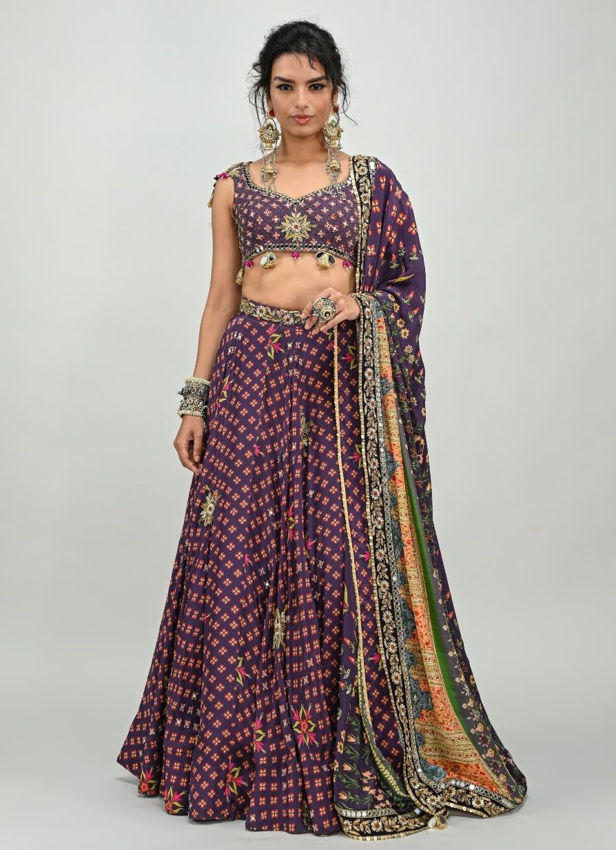 Plum Purple Printed Crepe Embroidered Lehenga Set Juhi Bengani - Fabilicious Fashion