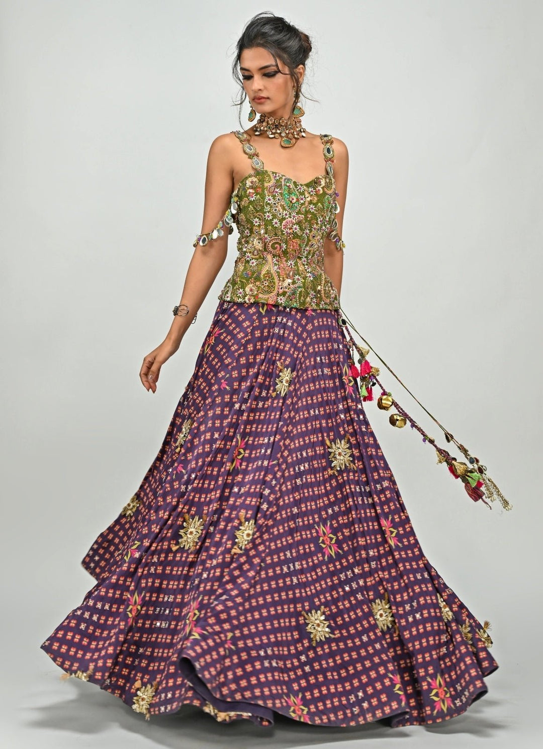 Plum Purple Printed Crepe Embroidered Lehenga With Corset Juhi Bengani - Fabilicious Fashion