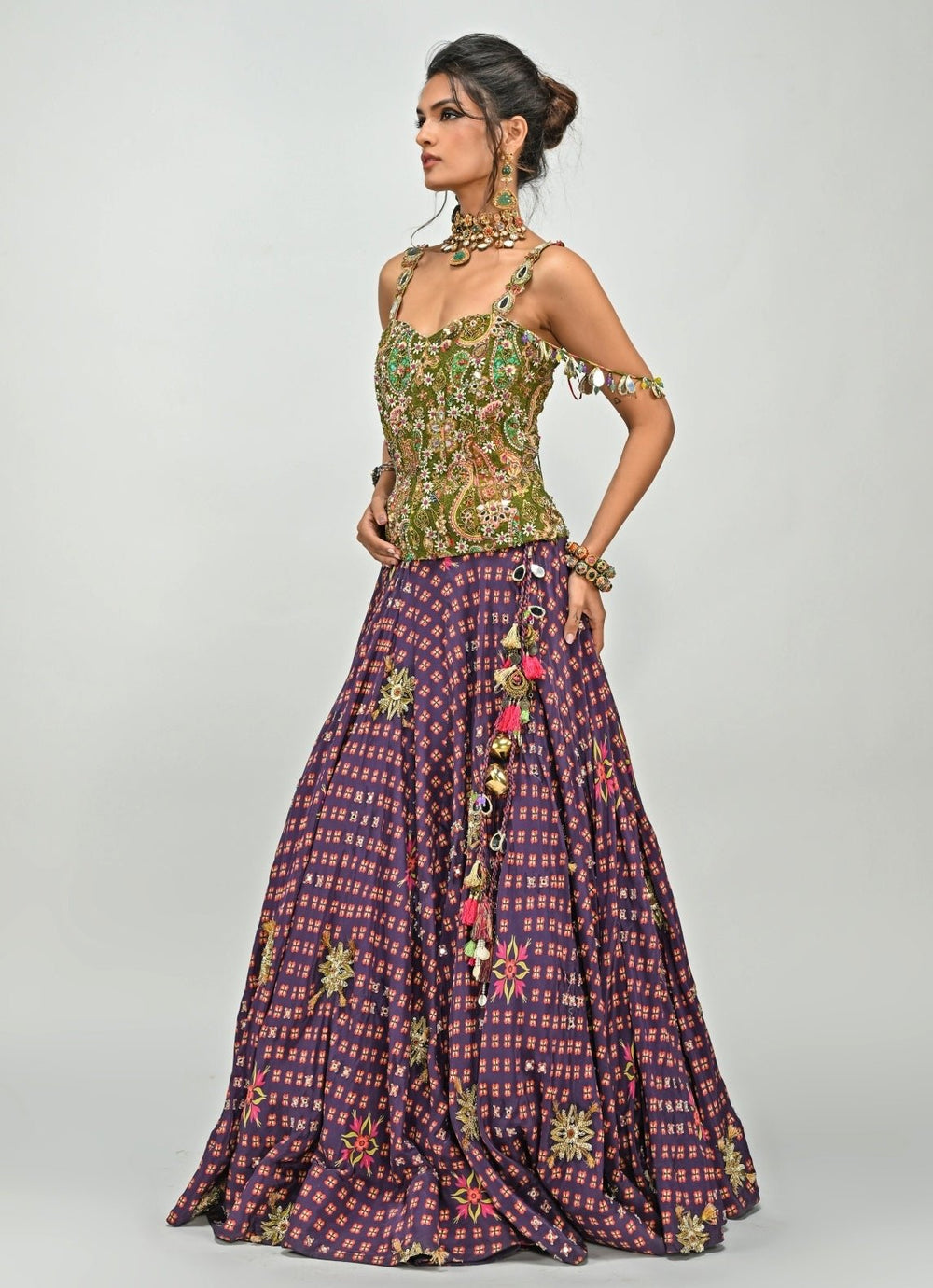 Plum Purple Printed Crepe Embroidered Lehenga With Corset Juhi Bengani - Fabilicious Fashion