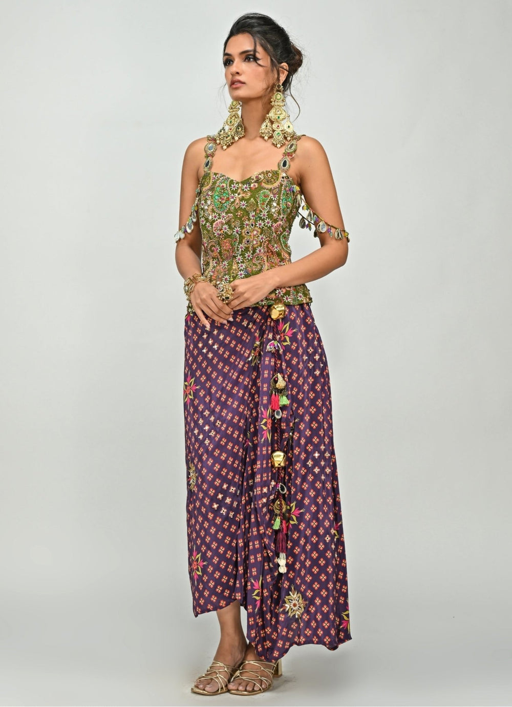 Plum Purple Printed Dhoti With Embroidered Corset Juhi Bengani - Fabilicious Fashion