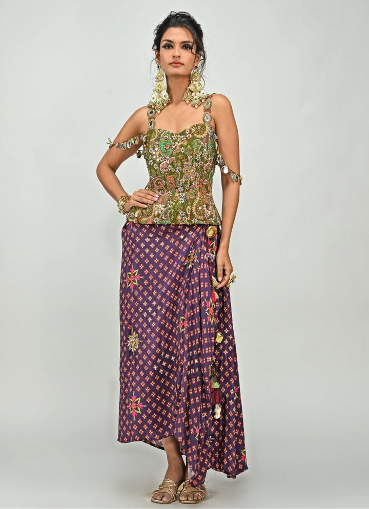 Plum Purple Printed Dhoti With Embroidered Corset Juhi Bengani - Fabilicious Fashion