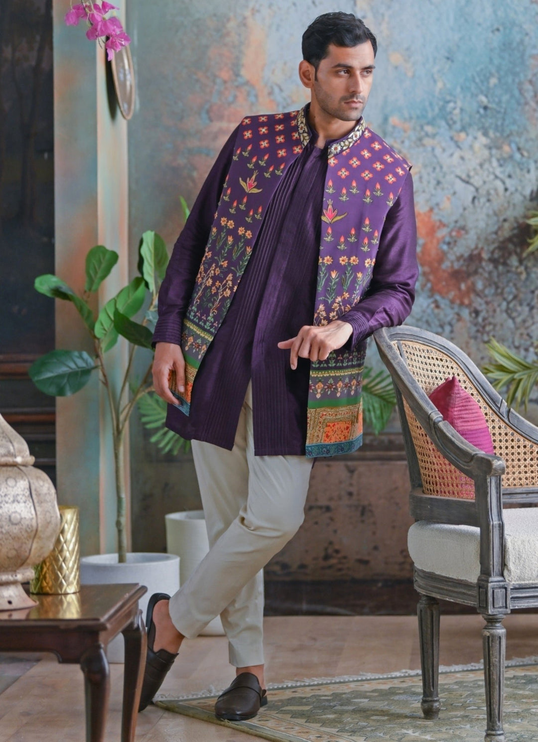 Plum Purple Printed Embroidered Half Jacket Juhi Bengani - Men - Fabilicious Fashion