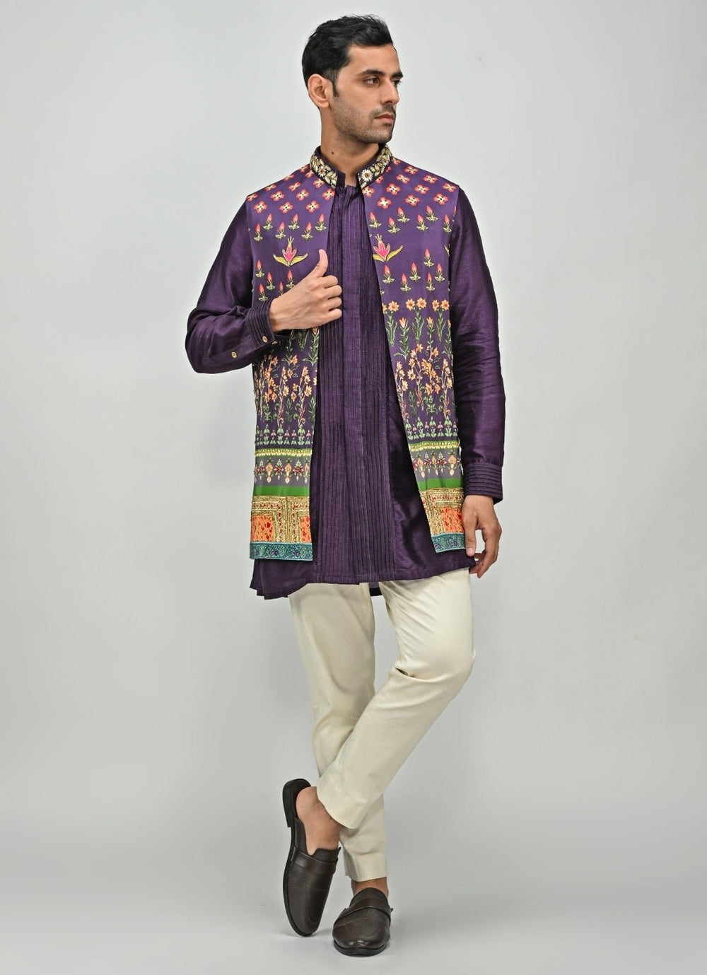 Plum Purple Printed Embroidered Half Jacket Juhi Bengani - Men - Fabilicious Fashion