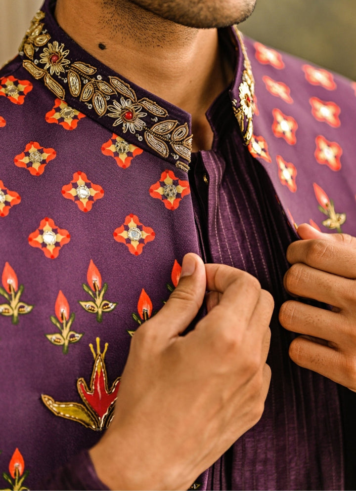 Plum Purple Printed Embroidered Half Jacket Juhi Bengani - Men - Fabilicious Fashion