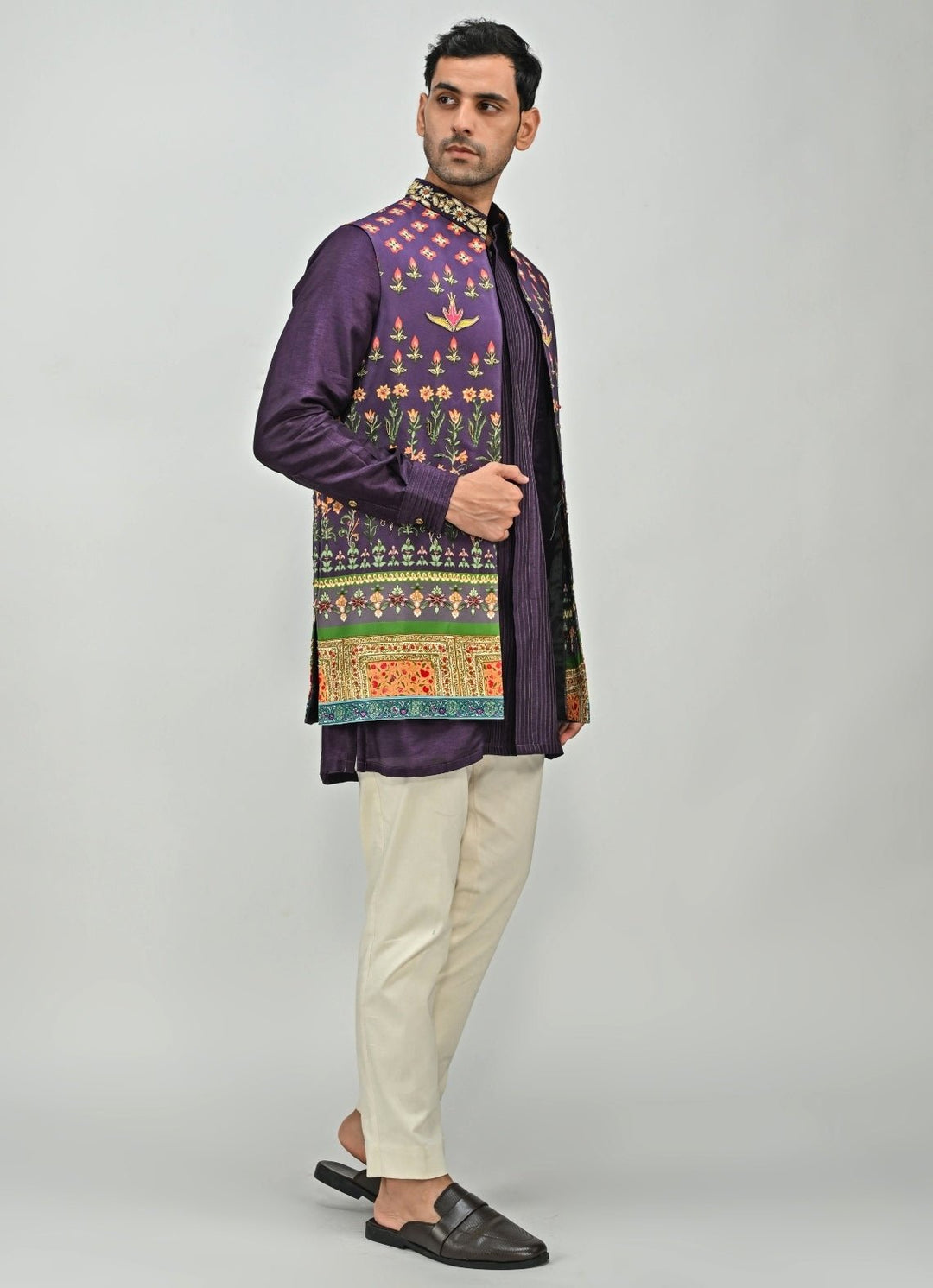 Plum Purple Printed Embroidered Half Jacket Juhi Bengani - Men - Fabilicious Fashion