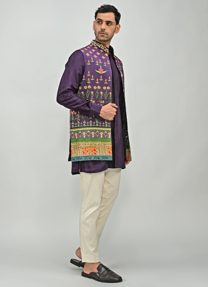 Plum Purple Printed Embroidered Half Jacket Juhi Bengani - Men - Fabilicious Fashion