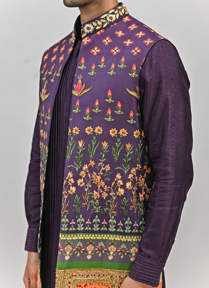Plum Purple Printed Embroidered Half Jacket Juhi Bengani - Men - Fabilicious Fashion