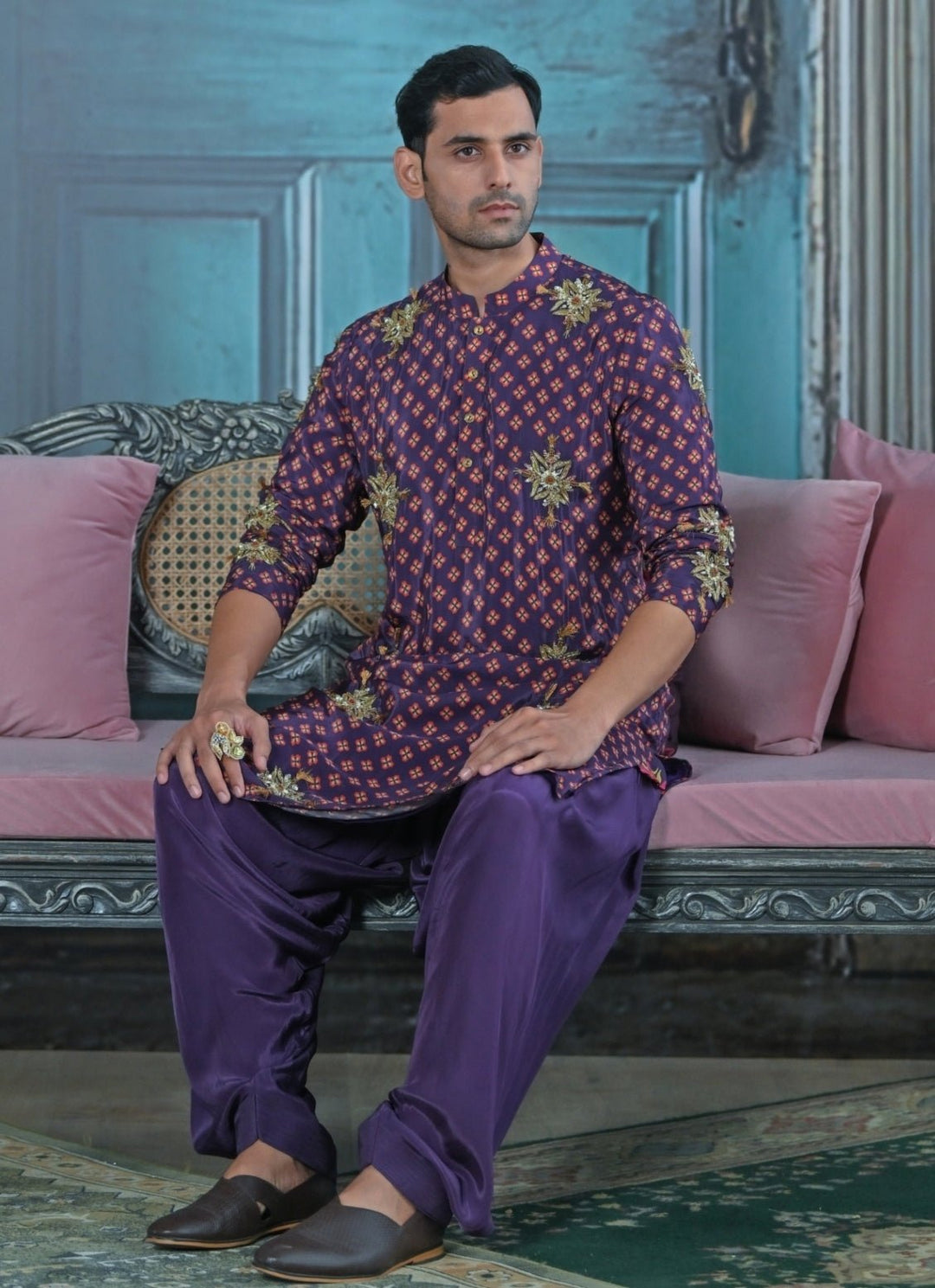 Plum Purple Printed Embroidered Kurta with Cowl Pants Juhi Bengani - Men - Fabilicious Fashion