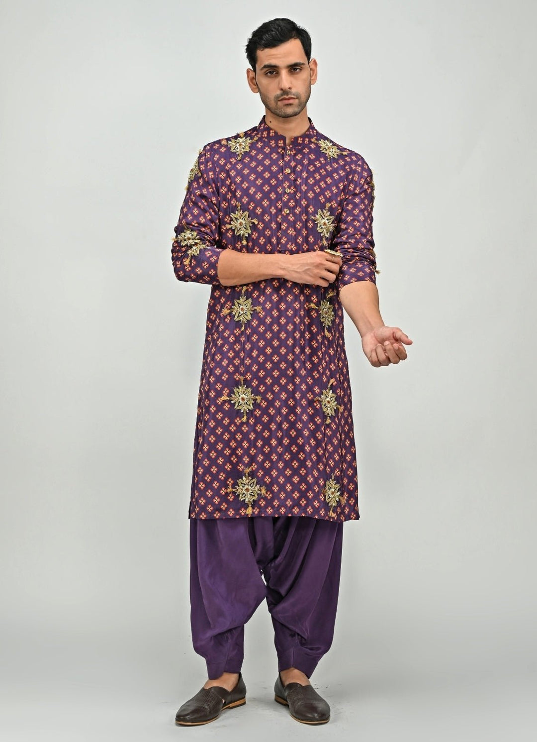 Plum Purple Printed Embroidered Kurta with Cowl Pants Juhi Bengani - Men - Fabilicious Fashion