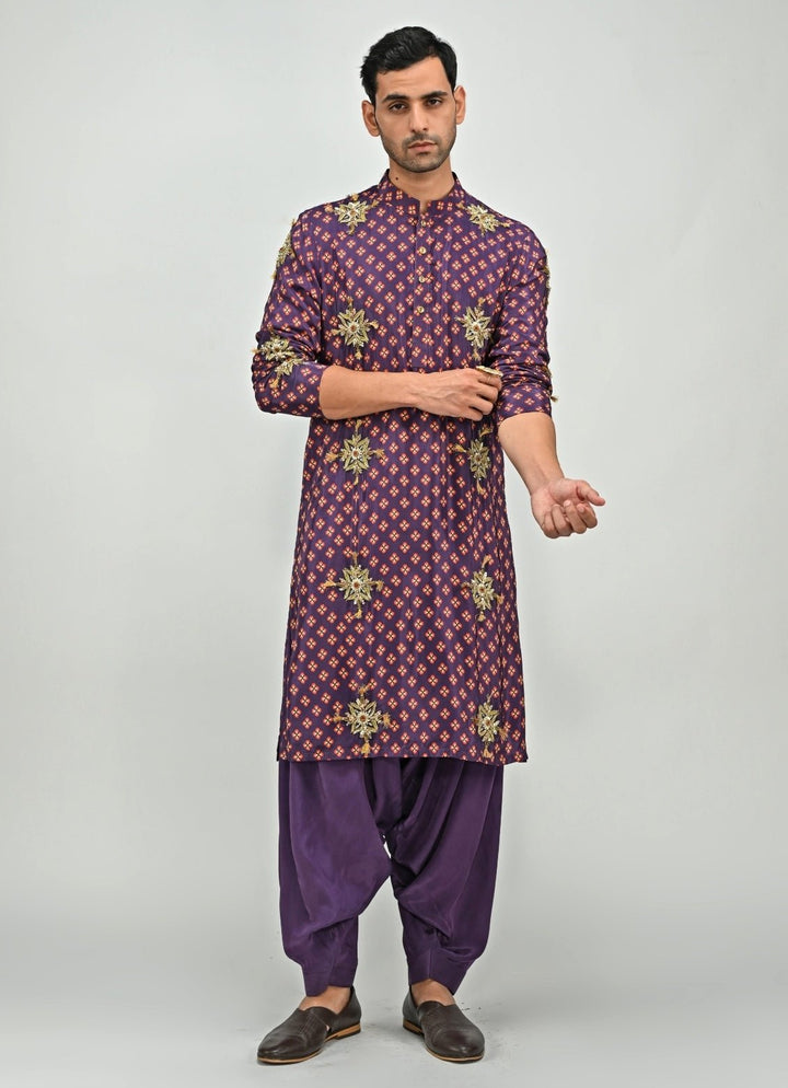 Plum Purple Printed Embroidered Kurta with Cowl Pants Juhi Bengani - Men - Fabilicious Fashion