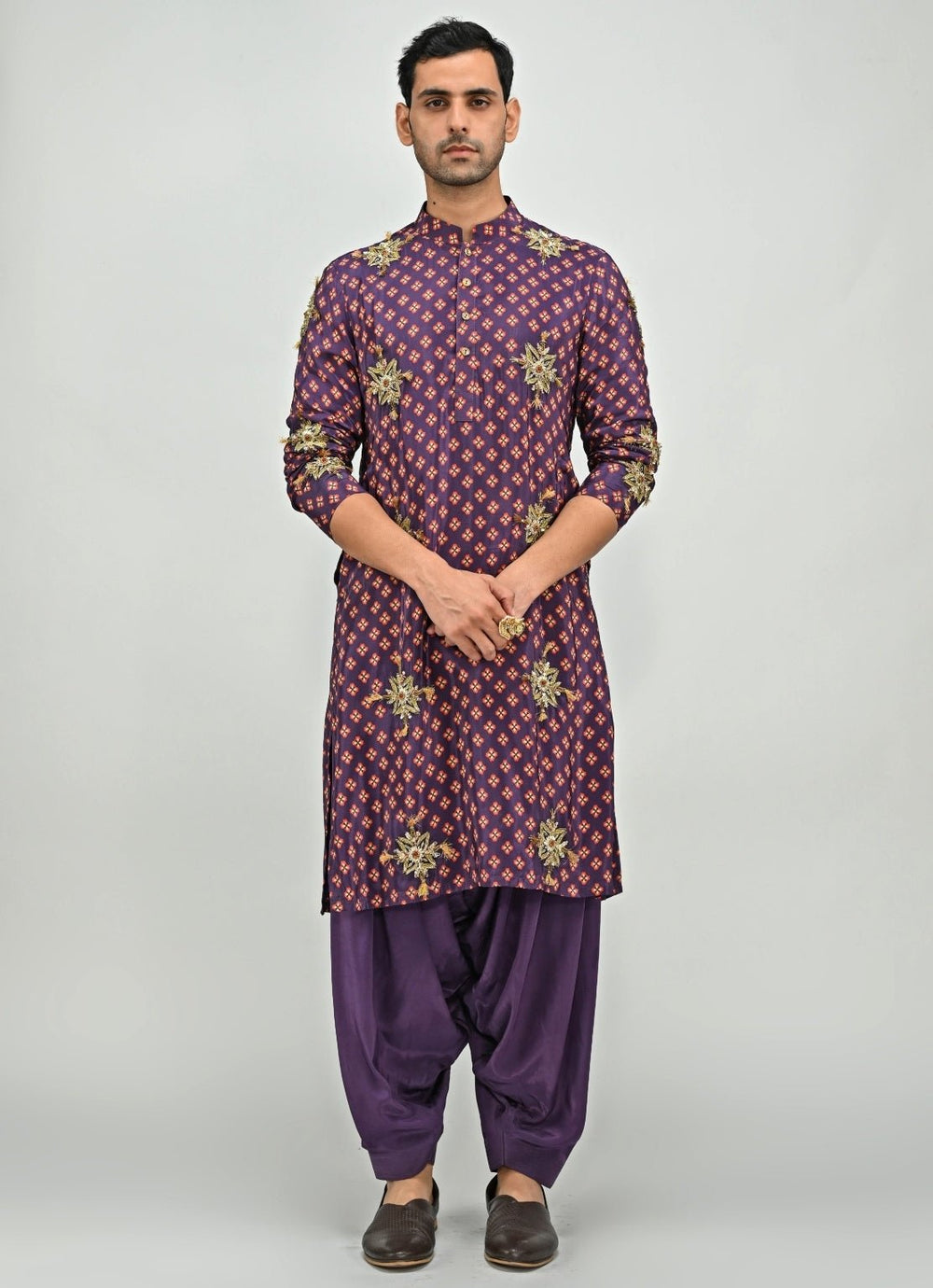 Plum Purple Printed Embroidered Kurta with Cowl Pants Juhi Bengani - Men - Fabilicious Fashion