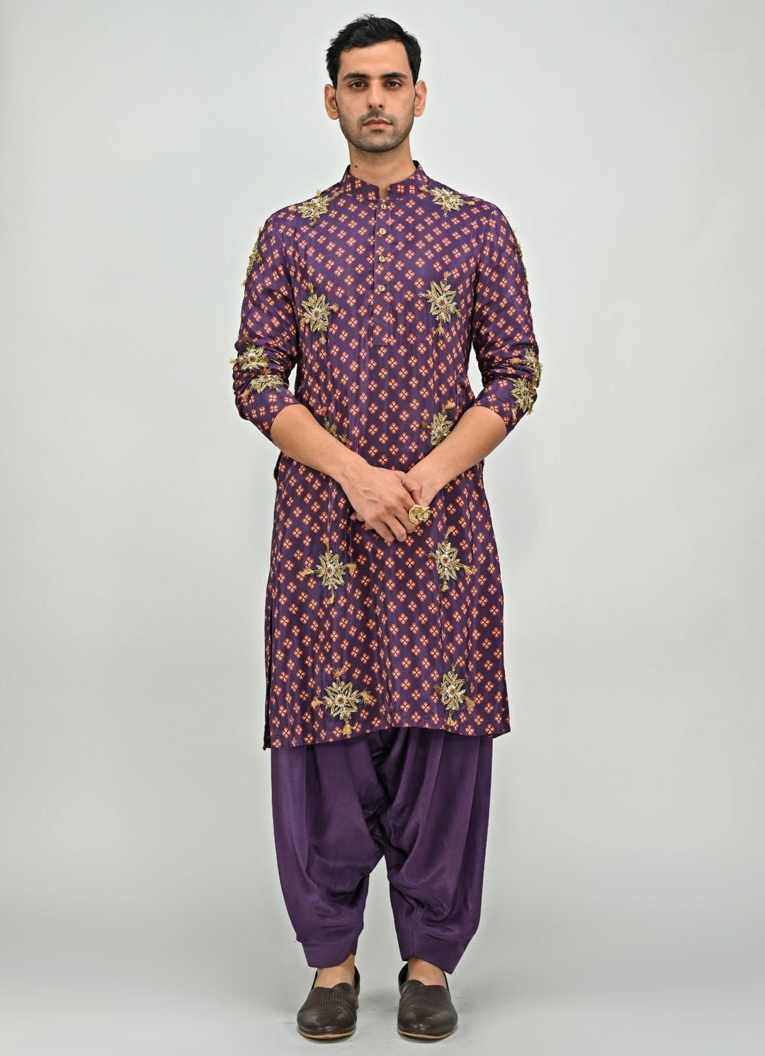 Plum Purple Printed Embroidered Kurta with Cowl Pants Juhi Bengani - Men - Fabilicious Fashion