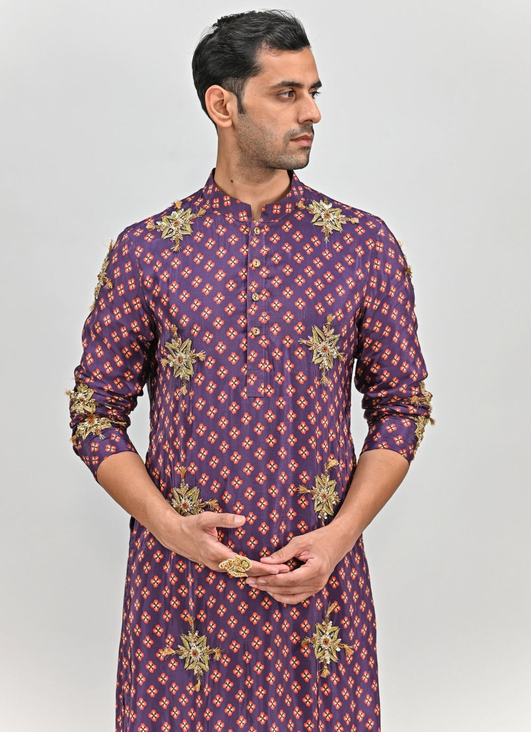 Plum Purple Printed Embroidered Kurta with Cowl Pants Juhi Bengani - Men - Fabilicious Fashion