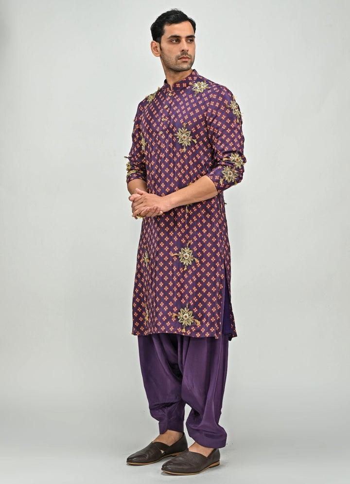Plum Purple Printed Embroidered Kurta with Cowl Pants Juhi Bengani - Men - Fabilicious Fashion