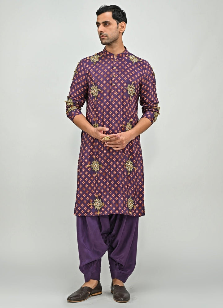 Plum Purple Printed Embroidered Kurta with Cowl Pants Juhi Bengani - Men - Fabilicious Fashion
