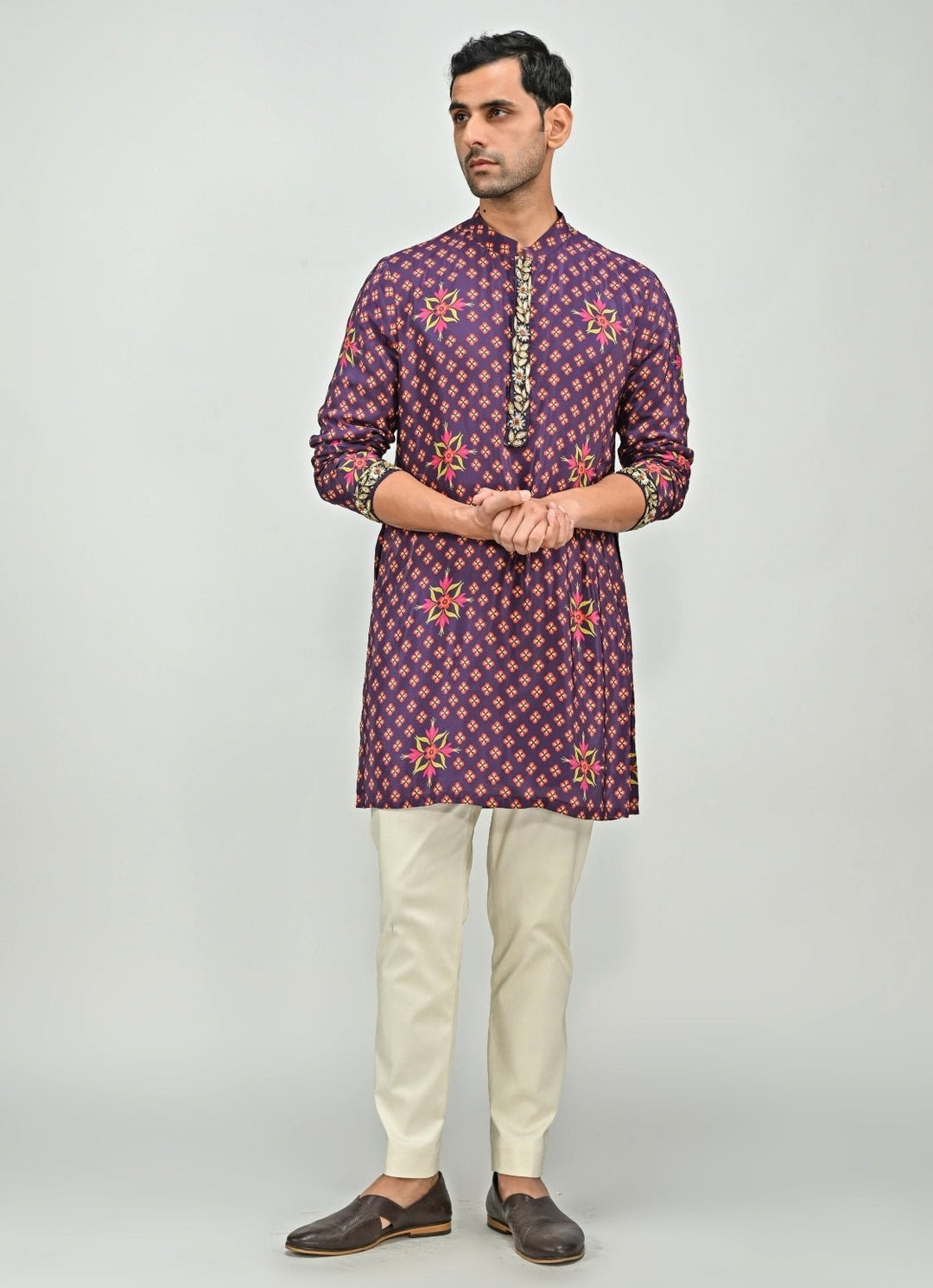 Plum Purple Printed Embroidered Kurta Juhi Bengani - Men - Fabilicious Fashion