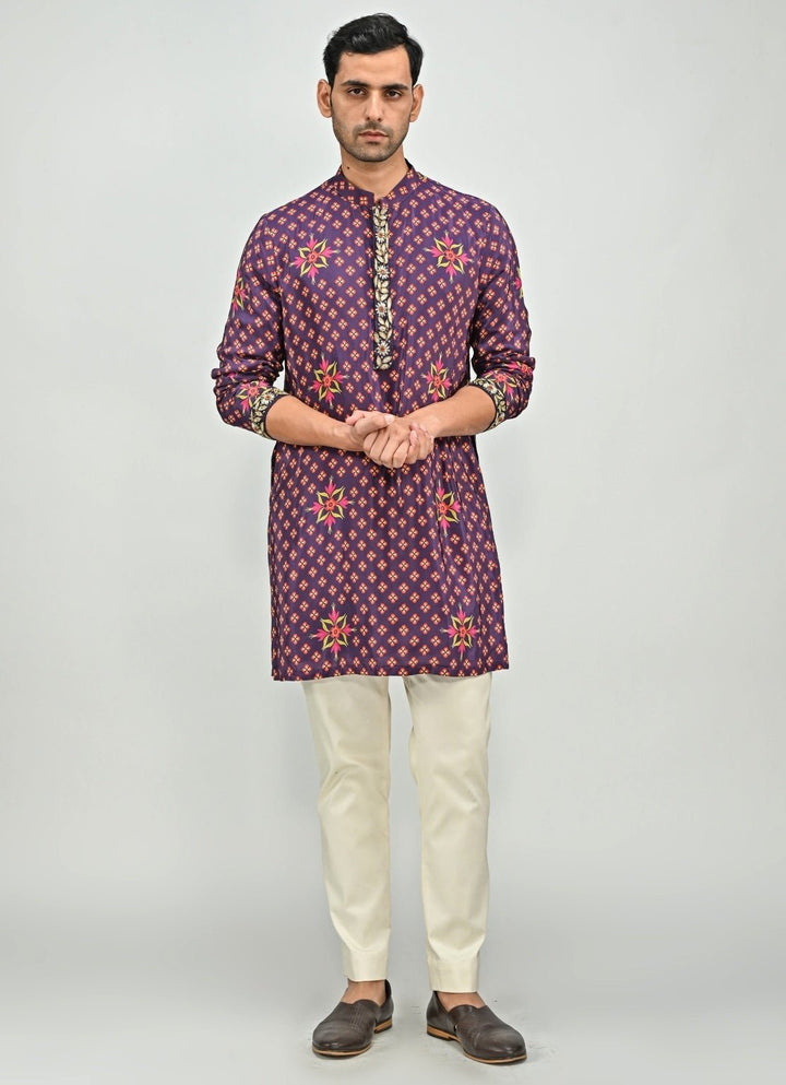 Plum Purple Printed Embroidered Kurta Juhi Bengani - Men - Fabilicious Fashion