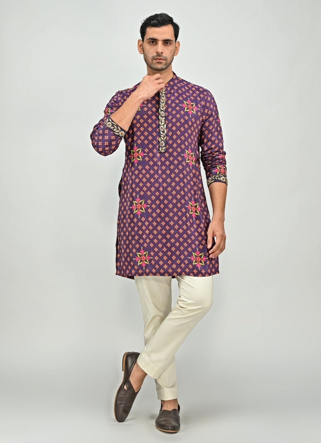 Plum Purple Printed Embroidered Kurta Juhi Bengani - Men - Fabilicious Fashion