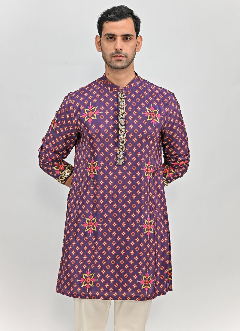 Plum Purple Printed Embroidered Kurta Juhi Bengani - Men - Fabilicious Fashion