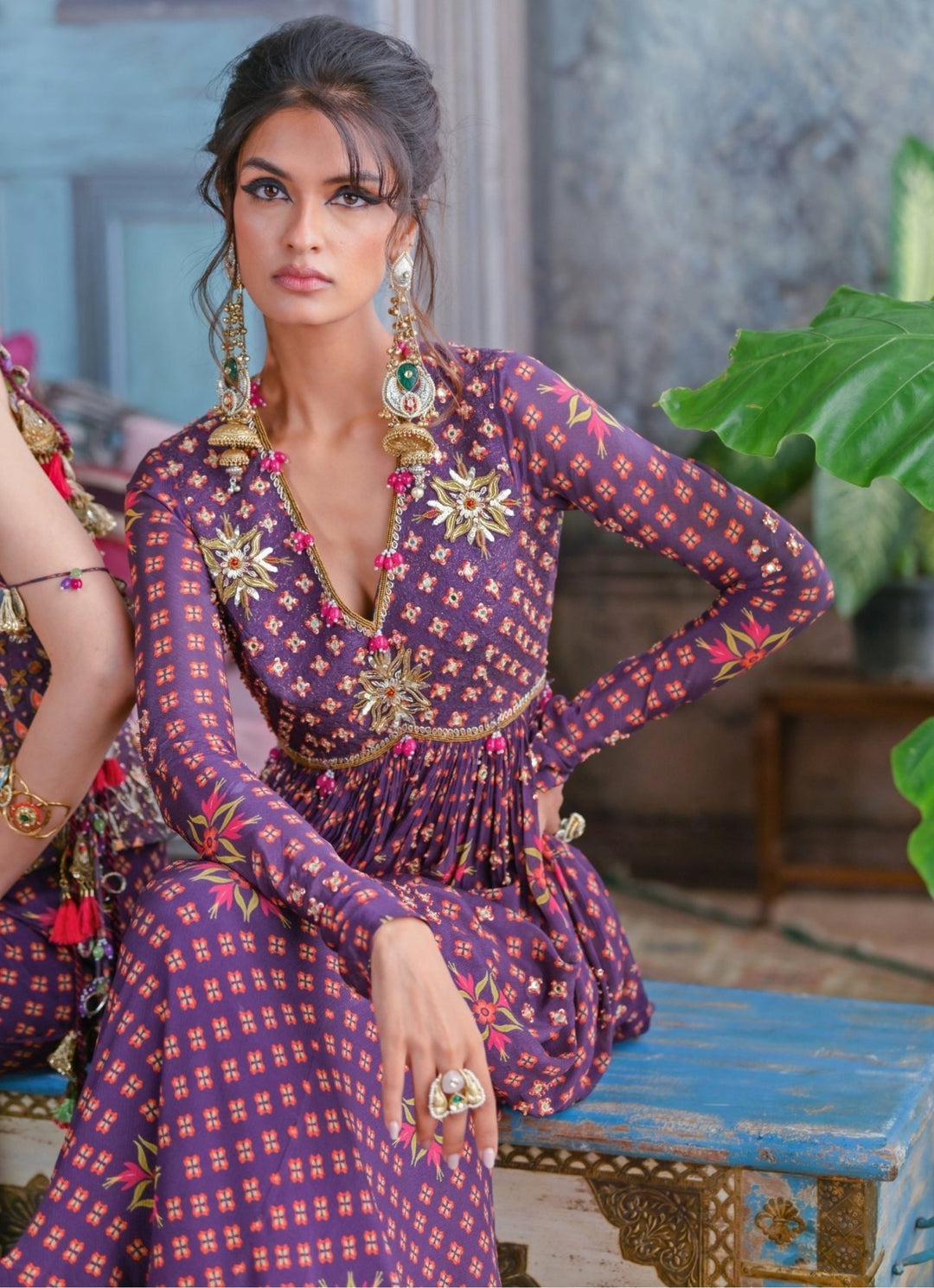 Plum Purple Printed Embroidered Peplum Kurta Sharara Set Juhi Bengani - Fabilicious Fashion