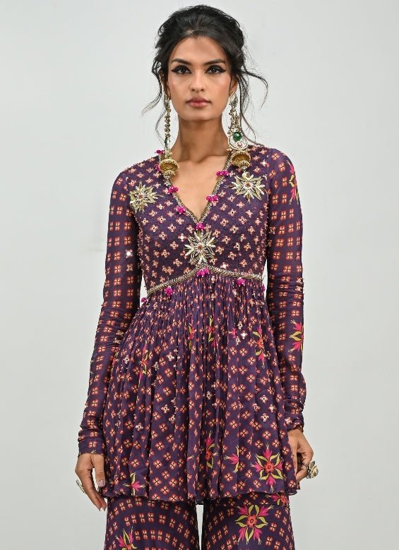 Plum Purple Printed Embroidered Peplum Kurta Sharara Set Juhi Bengani - Fabilicious Fashion