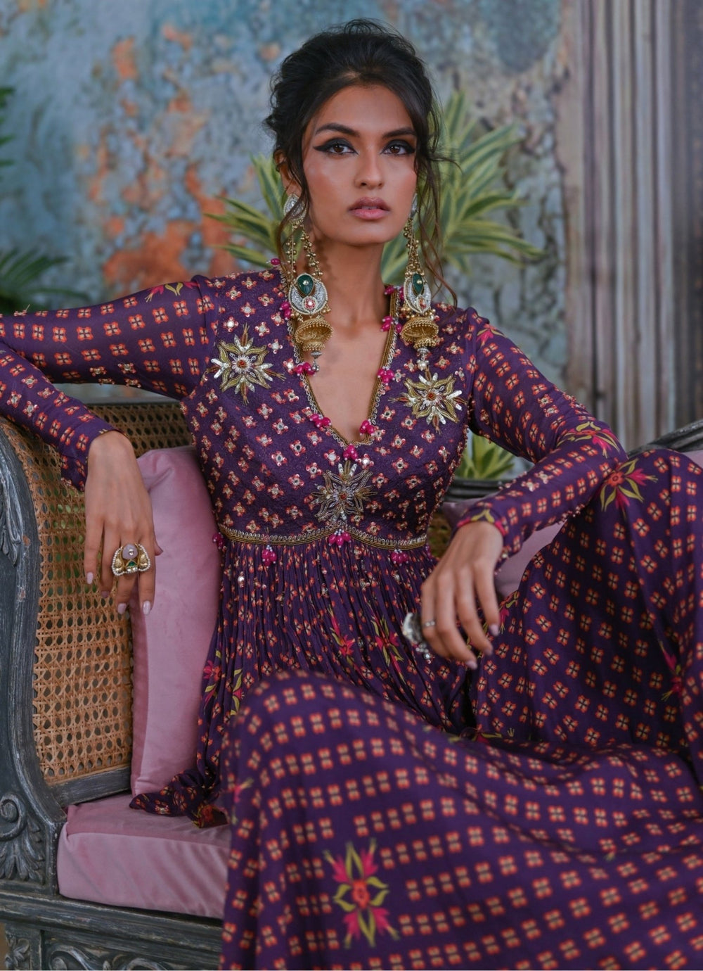 Plum Purple Printed Embroidered Peplum Kurta Sharara Set Juhi Bengani - Fabilicious Fashion