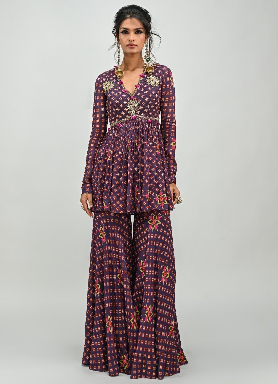 Plum Purple Printed Embroidered Peplum Kurta Sharara Set Juhi Bengani - Fabilicious Fashion