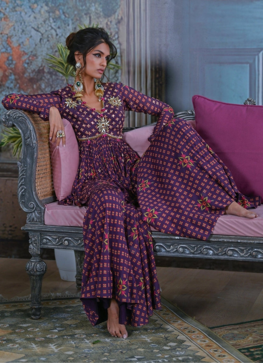 Plum Purple Printed Embroidered Peplum Kurta Sharara Set Juhi Bengani - Fabilicious Fashion