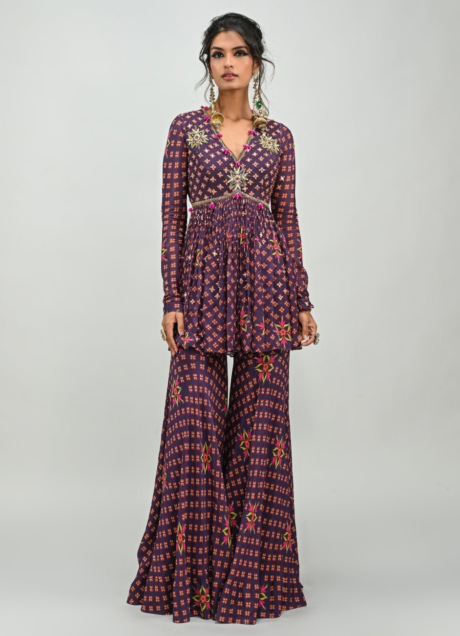 Plum Purple Printed Embroidered Peplum Kurta Sharara Set Juhi Bengani - Fabilicious Fashion