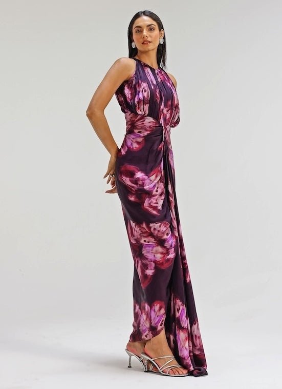 Studio Surbhi Plum Purple Printed Georgette Satin GownFabilicious Fashion