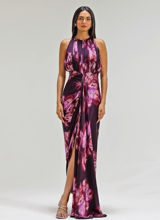 Studio Surbhi Plum Purple Printed Georgette Satin GownFabilicious Fashion