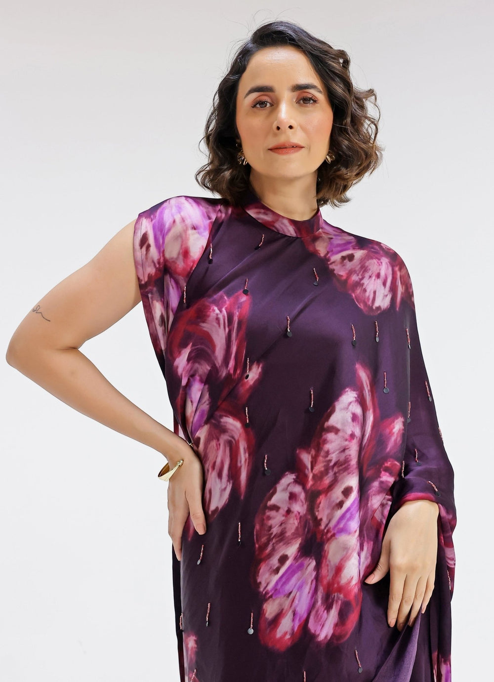 Studio Surbhi Plum Purple Printed Georgette Satin Pre-Draped SareeFabilicious Fashion