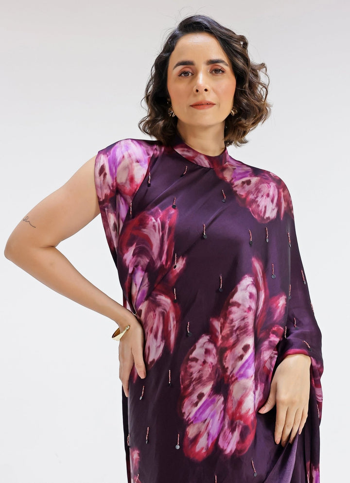 Studio Surbhi Plum Purple Printed Georgette Satin Pre-Draped SareeFabilicious Fashion